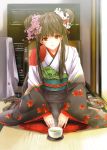  absurdres black_hair cup double_bun flower green_tea hair_bun hair_flower hair_ornament hair_ribbon highres japanese_clothes kimono long_hair looking_at_viewer obi original red_eyes ribbon seiza sitting smile solo steam taira_tsukune tea twintails very_long_hair 