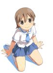  aioi_yuuko brown_hair from_above kneehighs kneeling looking_up necktie nichijou school_uniform serafuku short_hair short_sleeves skirt smile solo umekichi white_background 