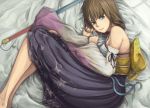  bare_legs bare_shoulders blue_eyes brown_hair detached_sleeves dress female final_fantasy final_fantasy_x from_above green_eyes heterochromia japanese_clothes kimono looking_at_viewer lying on_bed on_side ripu_(vincecarter) short_hair skirt solo staff vincecarter wide_sleeves yuna 