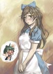  1girl 2girls alice_(wonderland) alice_(wonderland)_(cosplay) alice_in_wonderland apron brown_eyes brown_hair cosplay dress hairband long_hair multiple_girls saegusa_wakaba shinomiya_himawari vividred_operation you2 