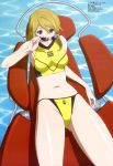  absurdres bikini blonde_hair blush character_request green_eyes heterochromia highres lying megami mori_yuki official_art on_back purple_eyes scan series_request short_hair solo sunglasses swimsuit uchuu_senkan_yamato uchuu_senkan_yamato_2199 water yuuki_nobuteru 