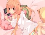  ass barefoot bed blush brown_hair from_above futaba_anzu game_boy idolmaster idolmaster_cinderella_girls long_hair looking_up lying nintendo_3ds off_shoulder on_bed on_stomach open_mouth pillow plus9 red_eyes solo stuffed_animal stuffed_toy twintails 