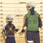  3outchange arm_guards fingerless_gloves forehead_protector gloves hand_in_pocket hatake_kakashi height_chart mask multiple_boys naruto silver_hair spiked_hair time_paradox vest 
