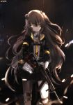  1girl bangs brown_hair city_lights clothes_writing digi-mind_update_(girls_frontline) dyolf eyebrows_visible_through_hair floating_hair from_side girls_frontline gloves gun h&amp;k_ump h&amp;k_ump45 hair_between_eyes hair_ornament head_tilt headgear heckler_&amp;_koch holding holding_gun holding_weapon jacket long_hair looking_at_viewer night one_eye_closed one_side_up outdoors parted_lips prosthesis prosthetic_arm rain scar scar_across_eye submachine_gun ump45_(girls_frontline) weapon wind wind_lift yellow_eyes 