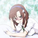  blue_eyes brown_hair evangelion:_2.0_you_can_(not)_advance glasses hairband heart higata_akatsuki makinami_mari_illustrious necktie neon_genesis_evangelion pillow rebuild_of_evangelion solo tongue tongue_out 