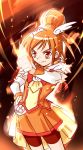  bike_shorts cure_sunny dress fire hair_bun hair_ornament hairpin hino_akane magical_girl nekozawa_yukari orange_(color) orange_background orange_dress orange_eyes orange_hair precure short_hair shorts_under_skirt skirt smile smile_precure! solo 