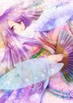  absurdres blush fan feather_boa flat_chest floral_print folding_fan highres japanese_clothes kimono light_particles long_hair long_sleeves lying on_back original parted_lips purple_eyes purple_hair solo tareme toki_(toki-master) very_long_hair violet_eyes 
