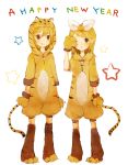  1girl :q animal_costume bad_id blonde_hair brother_and_sister food fruit hair_ornament hairclip happy_new_year hoodie kagamine_len kagamine_rin mikanniro new_year orange paws siblings standing star tail tiger_costume tiger_paws tiger_print tiger_tail tongue twins vocaloid wink 