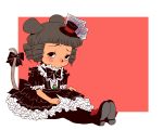  alternate_costume alternate_hairstyle animal_ears black_dress black_eyes black_legwear blush bow dress drill_hair gem gothic_lolita grey_hair hat jewelry lolita_fashion looking_at_viewer mini_top_hat mouse_ears mouse_tail nazrin necklace onikobe_rin pantyhose pendant petticoat red_background short_hair simple_background sitting solo tail tail_bow top_hat touhou 