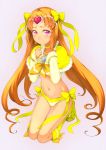  adapted_costume bikini_bottom blush boots bow brooch choker circlet cure_muse cure_muse_(yellow) embarrassed hair_bow hair_ornament hair_ribbon hands_on_own_chest heart highres jewelry knee_boots kneeling long_hair looking_at_viewer midriff navel orange_hair pink_background pink_eyes precure ribbon sakura_kotetsu shirabe_ako simple_background solo suite_precure tears thigh_gap white_background yellow_legwear yellow_ribbon 