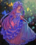  acrylic_paint_(medium) alternate_costume ama-tou bare_shoulders crescent dress dress_lift floating_object gem gloves hair_ribbon hat lights long_hair patchouli_knowledge purple_dress purple_eyes purple_hair ribbon smile solo striped striped_dress touhou traditional_media turning violet_eyes 