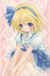  alice_margatroid alice_margatroid_(pc-98) blonde_hair blue_eyes blush bow buttons dress_shirt frills hair_ribbon hands_together lace legs_up light_smile looking_at_viewer millipen_(medium) pastel_(medium) pink_background puffy_sleeves ribbon shirt short_hair short_sleeves sitting skirt solo tetrak touhou touhou_(pc-98) traditional_media watercolor_(medium) 