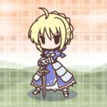  1girl ahoge armor armored_dress blonde_hair chibi dress excalibur fate/stay_night fate_(series) fushigi_ebi gauntlets saber solid_oval_eyes solo standing sword weapon 
