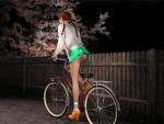  3d ass bare_legs bicycle braid brown_hair cherry_blossoms dark fence from_behind ganseki_club high_heels highres hiro3787 long_hair nape night original panties pantyshot photorealistic riding see-through shoes skirt skirt_lift solo striped striped_panties twin_braids underwear 