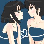  banbukin black_eyes black_hair blue breasts cleavage fujinami_ryuunosuke heart heart_of_string incipient_kiss lips lowres miyake_shinobu multiple_girls profile sarashi shinobu_miyaki short_hair urusei_yatsura yuri 