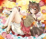  animal_ears bloomers blush breasts brown_hair floral_background flower futatsuiwa_mamizou glasses gourd green_eyes leaf leaf_on_head legs looking_at_viewer lying michii_yuuki no_socks notepad on_back raccoon_ears raccoon_tail sandals short_hair sideboob skirt sleeveless smile solo tail tanuki touhou 