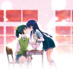  aoki_reika blue_eyes blue_hair blush chair desk eye_contact female green_eyes green_hair hair_pull incipient_kiss kiss long_hair midorikawa_nao multiple_girls ponytail precure school_uniform short_hair sleeves_rolled_up smile_precure! sweater_vest takano_saku takanosaq yuri 