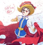  androgynous brown_hair cape crossdressinging gloves hat otsumami pantyhose princess_sapphire puffy_short_sleeves puffy_shoulders puffy_sleeves red_eyes redrop reverse_trap ribbon_no_kishi short_hair short_sleeves smile solo sword weapon 