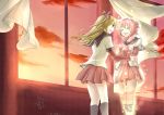  absurdres ai_ai_gasa akaza_akari blonde_hair closed_eyes cloud crying curtains disappearing double_bun fading highres light_particles long_hair multiple_girls pink_hair pleated_skirt red_hair school_uniform short_hair skirt sky sunset tears toshinou_kyouko uniform wind yuru_yuri 