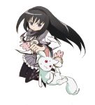  akemi_homura black_hair hairband holding konnota kyubey mahou_shoujo_madoka_magica pantyhose purple_eyes red_eyes sweat violet_eyes white_background 