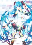  1girl blue_eyes blue_hair bridal_gauntlets hatsune_miku long_hair miku_append navel open_mouth satou0609 solo thigh-highs twintails very_long_hair vocaloid vocaloid_append 