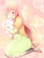  blush brown_eyes casual crossdressinging dress hug long_hair maruki_(punchiki) open_mouth punchiki smile stuffed_animal stuffed_bunny stuffed_toy takanashi_kotori takanashi_souta trap wig working!! 