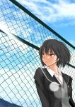  1girl amagami black_hair blush brown_eyes cardigan chainlink_fence lens_flare messy_hair murasaki_iro nanasaki_ai school_uniform short_hair sky solo sweater_vest wind 