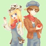  apple blonde_hair blue_eyes brown_eyes brown_hair cow_print cowboy_hat food fruit haruto_(harvest_moon) harvest_moon harvest_moon:_a_new_beginning harvest_moon_the_land_of_origin hat jacket overalls pouch rio_(harvest_moon) scarf strawberry 