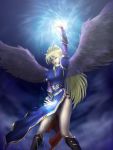  angel_wings arm_up armlet armor armored_dress black_wings blonde_hair boots breath_of_fire breath_of_fire_ii bridal_gauntlets choker cloud dress feathers gem green_eyes highres jewelry knee_boots legs lightning long_hair long_legs magic necklace nina_(breath_of_fire_ii) open_mouth payot side_slit sky solo thighs very_long_hair wings 