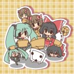  6+girls :d amami_haruka aqua_hair black_hair bow box brown_eyes brown_hair cardboard_box chibi_miku detached_sleeves dual_persona fushigi_ebi green_eyes hachune_miku hair_bow hair_tubes hakurei_reimu hatsune_miku headset holding idolmaster long_hair miko multiple_girls necktie nico_nico_douga nonowa o_o on_one_foot open_mouth plaid plaid_background skirt smile solid_oval_eyes standing_on_one_leg touhou twintails vocaloid yukkuri_shiteitte_ne 