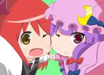  cheek_to_cheek hair_ribbon hat kai_(gunbollgx) kill_me_baby koakuma open_mouth parody patchouli_knowledge purple_hair red_hair redhead ribbon the_embodiment_of_scarlet_devil touhou 