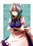  apron braid breast_hold breasts colored hair_ribbon izayoi_sakuya maid maid_headdress red_eyes ribbon ryosios short_hair silver_hair sketch smile solo star the_embodiment_of_scarlet_devil touhou twin_braids waist_apron 