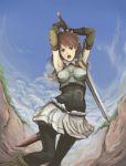  armpits attack black_legwear breastplate brown_hair cecily_cambell gloves maid_headdress open_mouth ripu_(vincecarter) seiken_no_blacksmith skirt sword thighhighs weapon 