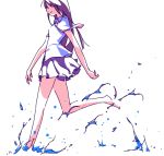  barefoot delaney hidden_eyes light_smile long_hair necktie original purple_hair rough running school_uniform simple_background solo splash splashing wading water white_background 