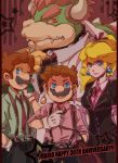  1girl 2boys anniversary belt blonde_hair blue_eyes bowser brown_hair casual earrings english facial_hair fangs female formal gloves horns jewelry kayako long_hair looking_at_viewer luigi male mario multiple_boys mustache necktie nintendo princess_peach red_eyes short_hair smile suit super_mario_bros. 