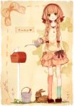  bird braid brown_hair bucket bunny english footwear green_eyes hairband holding long_hair mailbox mikanniro original pigeon postbox rabbit single_sock single_thighhigh skirt smile socks solo striped striped_legwear striped_socks thigh-highs thighhighs twin_braids watering_can 