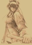  breasts hair_over_one_eye kakashi1920 katana long_hair mitsurugi_ryouko monochrome ponytail real_bout_high_school school_uniform sepia solo sword traditional_media weapon 