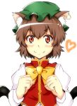  animal_ears bad_id blush brown_eyes brown_hair bust cat_ears cat_tail chen earrings fang hat heart jewelry looking_at_viewer manimani_(iloveyuiful) multiple_tails smile solo tail touhou white_background 