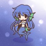  1girl blue_hair chibi fushigi_ebi head_fins long_hair madou_monogatari mermaid monster_girl navel puyopuyo seriri solid_oval_eyes solo 