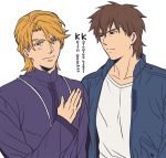  blonde_hair blue_eyes blue_jacket bomber_jacket brown_eyes brown_hair character_name cosplay costume_switch crossover fate/zero fate_(series) flat_color jacket jewelry keith_goodman kotomine_kirei male multiple_boys necklace tiger_&amp;_bunny white_background zihad 