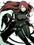  bodysuit catsuit evoker fur_coat gun hair_over_one_eye holster kirijou_mitsuru lipstick long_hair makeup moguri mushisotisis persona persona_3 persona_4:_the_ultimate_in_mayonaka_arena rapier red_eyes red_hair redhead simple_background smile solo sword thigh_holster weapon 