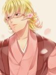  barnaby_brooks_jr blonde_hair cherry_blossoms flower glasses green_eyes hair_flower hair_ornament japanese_clothes male momongatarosu solo spring tiger_&amp;_bunny 