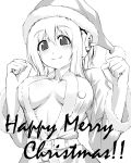  :3 belt blush breasts christmas clenched_hands hat headphones merry_christmas monochrome nitroplus santa_costume santa_hat smile solo super_sonico under_boob underboob vixen_(stinger) vixen_stinger 