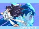  black_hair blue_background blue_eyes boots bow character_name cure_white dress earrings fuchi_minoru futari_wa_precure futari_wa_precure_max_heart half_updo jewelry long_hair magical_girl outstretched_arms ponytail precure ribbon solo spread_arms yukishiro_honoka 