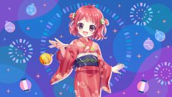  1girl :d antenna_hair blue_background blue_sash brown_hair cowboy_shot daisy_(flower) dot_nose film_grain floral_print floral_print_kimono flower game_cg hair_flower hair_ornament hand_up izumi_tsubasu japanese_clothes kimono looking_at_viewer non-web_source obi official_art open_mouth print_kimono re:stage! red_hair red_kimono sash short_hair smile solo sorano_neon sparkle_background two_side_up water_yoyo white_flower yukata 