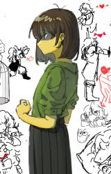 1other black_skirt brown_hair colored_skin commentary deltarune english_commentary from_side green_shirt kris_(deltarune) other_focus red_eyes shirt short_sleeves skirt utdr_(toby_fox) yellow_skin yokuyo 