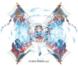  1girl blue_bow blue_eyes blue_kimono blue_sandals bow brown_hair character_request commentary_request hair_bow holding hydrokinesis japanese_clothes kimono long_sleeves looking_at_viewer official_art oshiro_project:re osisio pantyhose parted_lips platform_sandals pleated_skirt red_skirt ribbon-trimmed_skirt ribbon-trimmed_sleeves ribbon_trim sandals shide simple_background skirt solo tabi water waterfall white_background white_pantyhose wide_sleeves zouri 