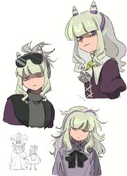  2girls ascot black_bow black_bowtie blonde_hair bow bowtie commentary cone_hair_bun double_bun english_commentary eyewear_on_head hair_bun highres jacket knights_of_guinevere long_hair messy_hair multicolored_hair multiple_girls multiple_views olivia_park princess_guinevere puffy_sleeves purple_hair purple_jacket sidelocks streaked_hair sunglasses two-tone_hair violet_eyes white_ascot yokuyo 