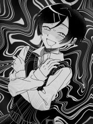  1girl :d abstract_background aura blush collared_shirt commentary_request crossed_arms dark_aura drooling dutch_angle futsuu_no_keion-bu greyscale hair_ornament hairpin hasukawachikamichi highres kouyama_rin long_sleeves monochrome mouth_drool open_mouth pixie_cut school_uniform shirt short_hair smile solo sweater_vest upper_body wavy_background 