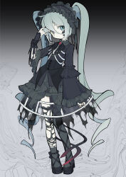  1girl absurdly_long_hair absurdres alternate_costume arm_at_side asymmetrical_sleeves black_background black_bow black_bowtie black_corset black_dress black_hairband black_nails black_ribbon black_shoes blue_eyes bow bow_hairband bowtie brooch closed_mouth colored_sclera colored_skin commentary corset crinoline double-parted_bangs dress fingernails frilled_dress frilled_hairband frilled_shirt_collar frilled_sleeves frills full_body gauze gauze_on_cheek gem gothic_lolita gradient_background green_hair grey_dress grey_skin grey_thighhighs hair_between_eyes hair_bow hairband hand_to_head hand_up hatsune_miku head_tilt high_heels highres jewelry layered_dress leg_ribbon lolita_fashion long_fingernails long_hair long_sleeves looking_at_viewer mismatched_pupils mismatched_sclera mismatched_sleeves nail_polish pigeon-toed red_gemstone red_pupils ribbon ringlets see-through_skirt_layer shoes sideways_glance sleeves_past_wrists solo soresaki standing stitched_face stitches thigh-highs torn_bow torn_clothes torn_dress torn_sleeves torn_thighhighs turning_head twintails two-tone_dress uneven_sleeves very_long_hair vocaloid white_background wide_sleeves wrist_bow yellow_sclera 